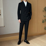 Men’s Retro Solid Color Two-Piece Suit Set – Slim Fit Light Business Outfit with Green Collar