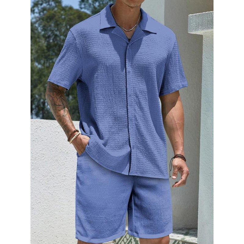 Men’s Solid Color Shirt & Shorts Two-Piece Set – Casual Knitwear Outfit for All Seasons