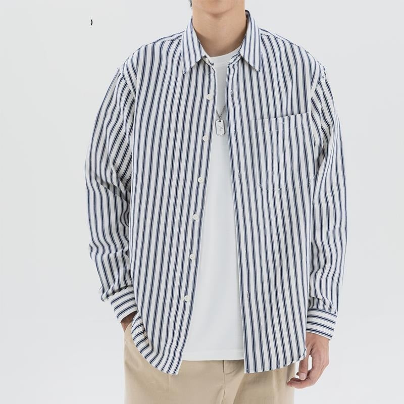 Men’s Loose Retro Striped Shirt – Trendy All-Match Casual Cardigan Style Top for Teens