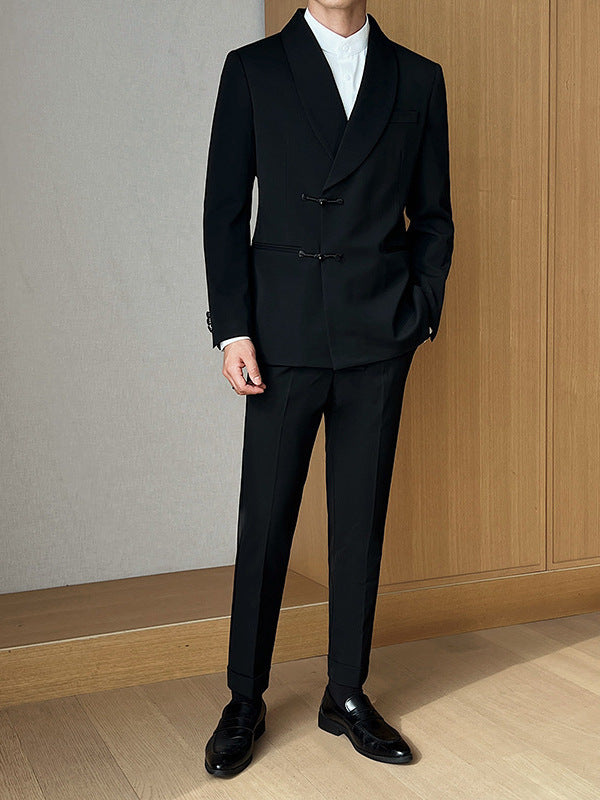 Men’s Retro Solid Color Two-Piece Suit Set – Slim Fit Light Business Outfit with Green Collar