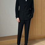 Men’s Retro Solid Color Two-Piece Suit Set – Slim Fit Light Business Outfit with Green Collar