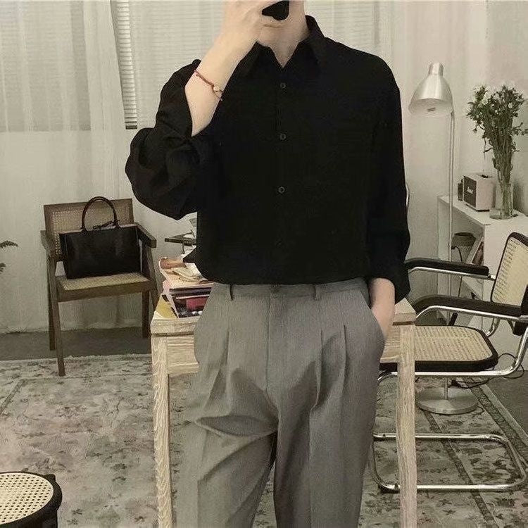 Men’s Loose Lace-Up Long Sleeve Shirt – Casual Silk-Linen Blend Solid Color Top for Teens & Adults